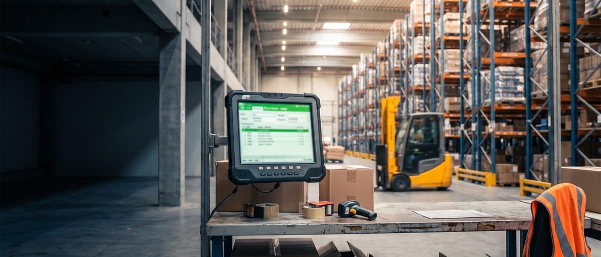 Rugged terminal at a warehouse pack bench showing an order screen with a forklift soft behind