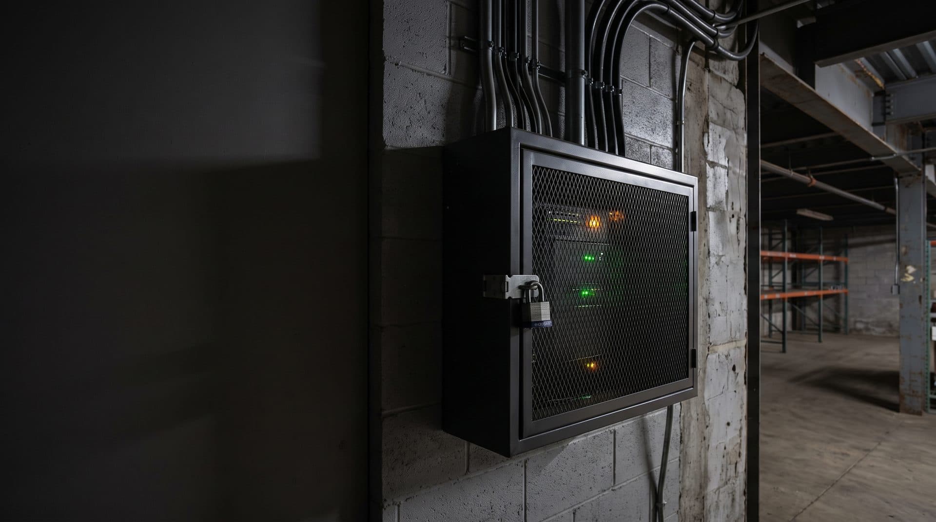 Padlocked black mesh network enclosure on an industrial block wall, status lights showing through the mesh door, conduit entering from above, warehouse racking out of focus behind