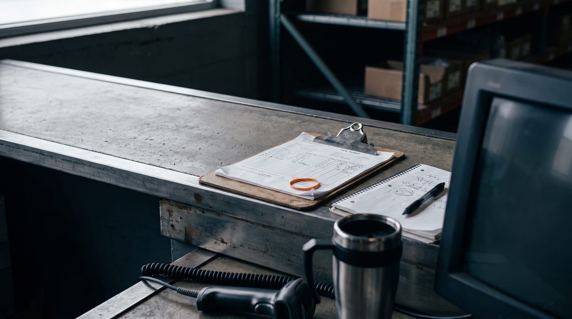 Working paperwork on a distributor's counter, a clipboard holding a printed pick ticket, a notebook and pen, a travel mug and a corded barcode scanner at the edge of the frame