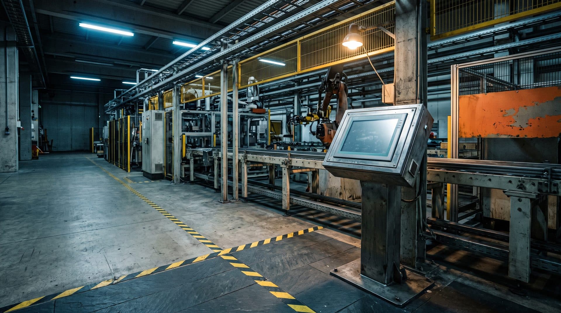 Operator control station on a manufacturing line, a rugged touch panel on a steel pedestal, conveyor and machine frames receding behind, yellow and black safety striping on the floor
