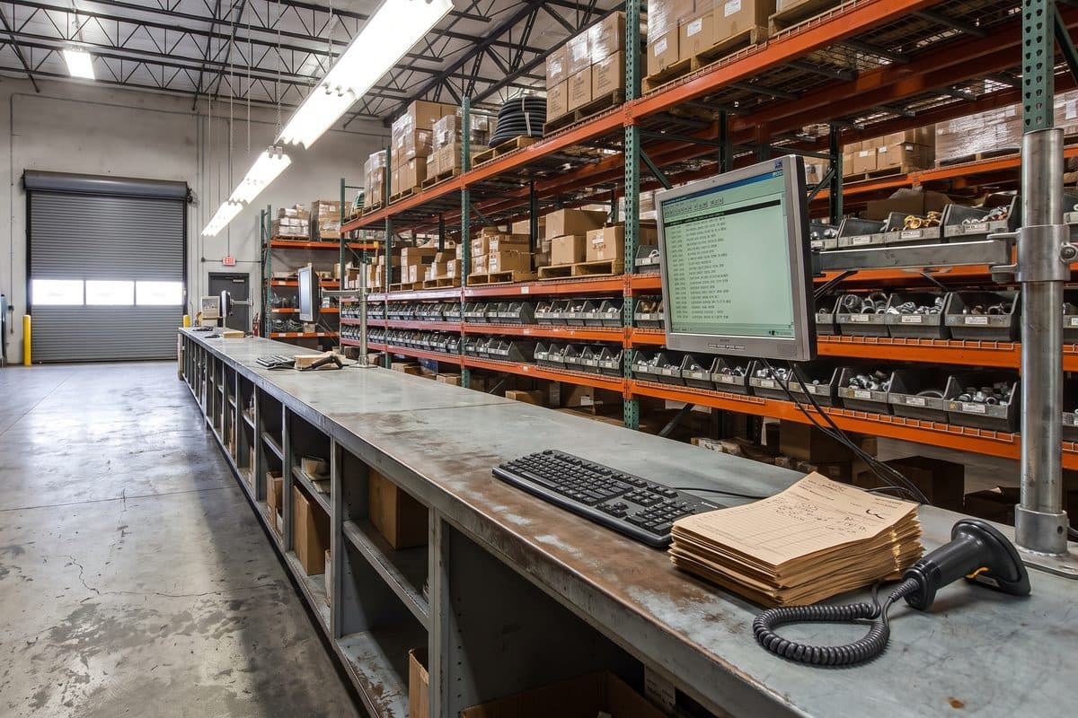 Will-call trade counter in a distributor's warehouse, a terminal on a swing arm above printed pick tickets and a corded barcode scanner