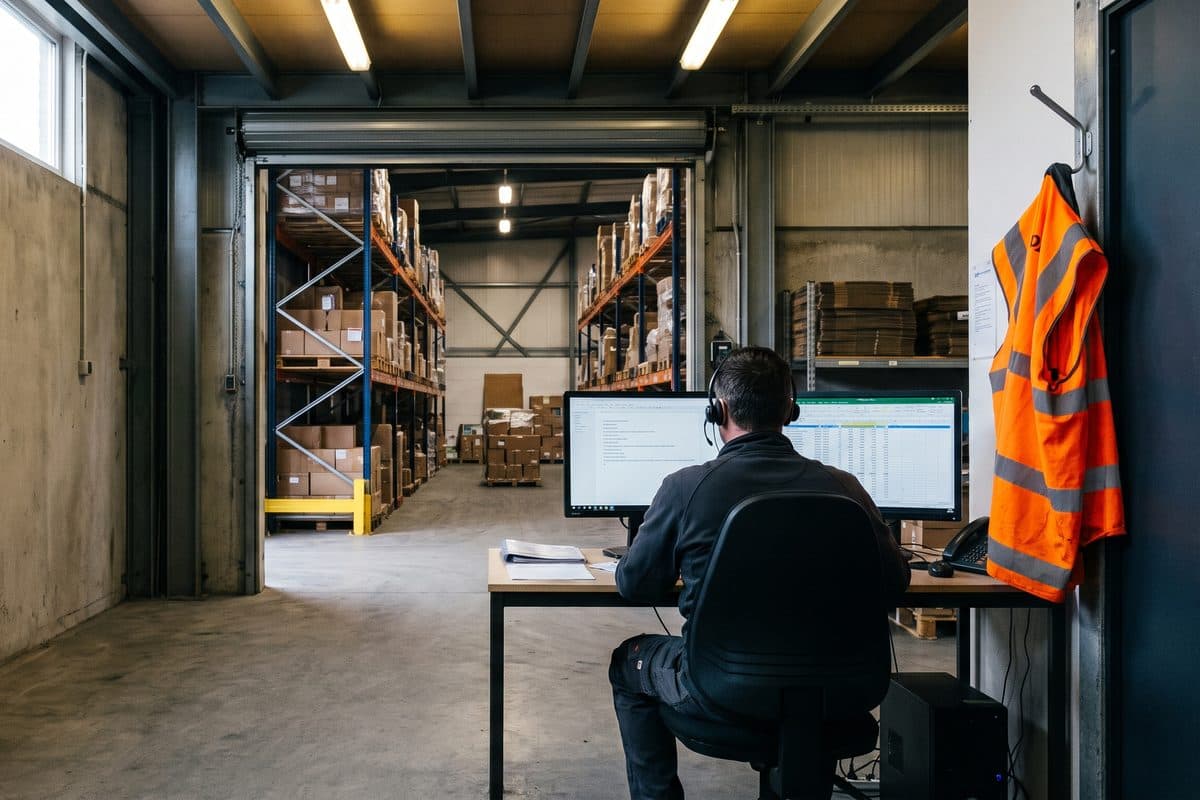 Warehouse office workstation seen from behind, an operator in a telephone headset at two monitors with a hi-vis vest on a hook