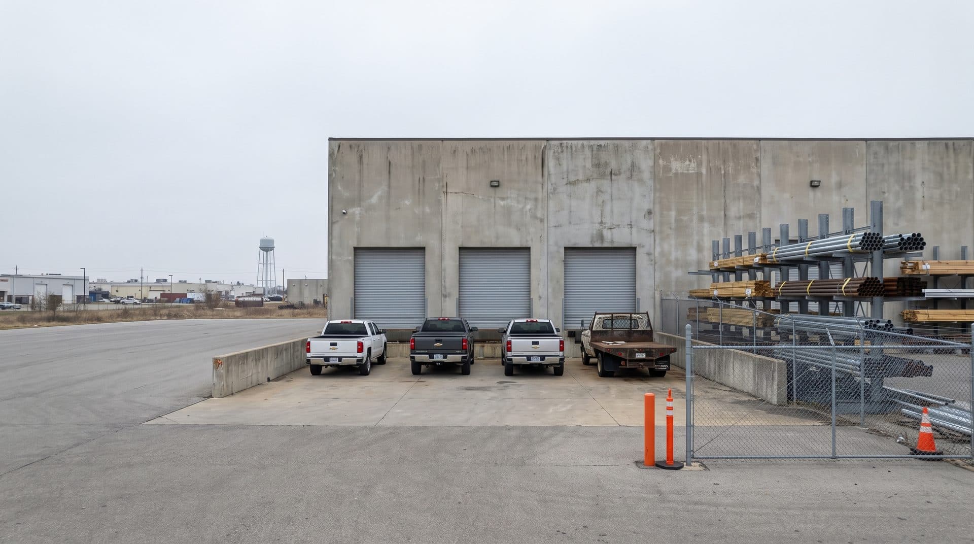 Exterior of a plain tilt-wall industrial distribution building, three roll-up doors along the face, pickups and a flatbed parked at the loading apron, cantilever racks of pipe and lumber alongside