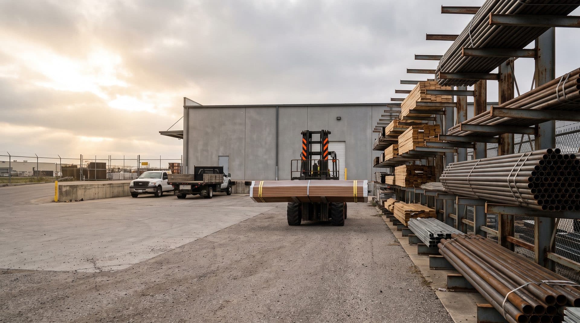 Outdoor distributor yard, cantilever racking holding banded steel pipe and dimensional lumber, a rough-terrain forklift carrying a bundle, a pickup and a flatbed at a low loading dock