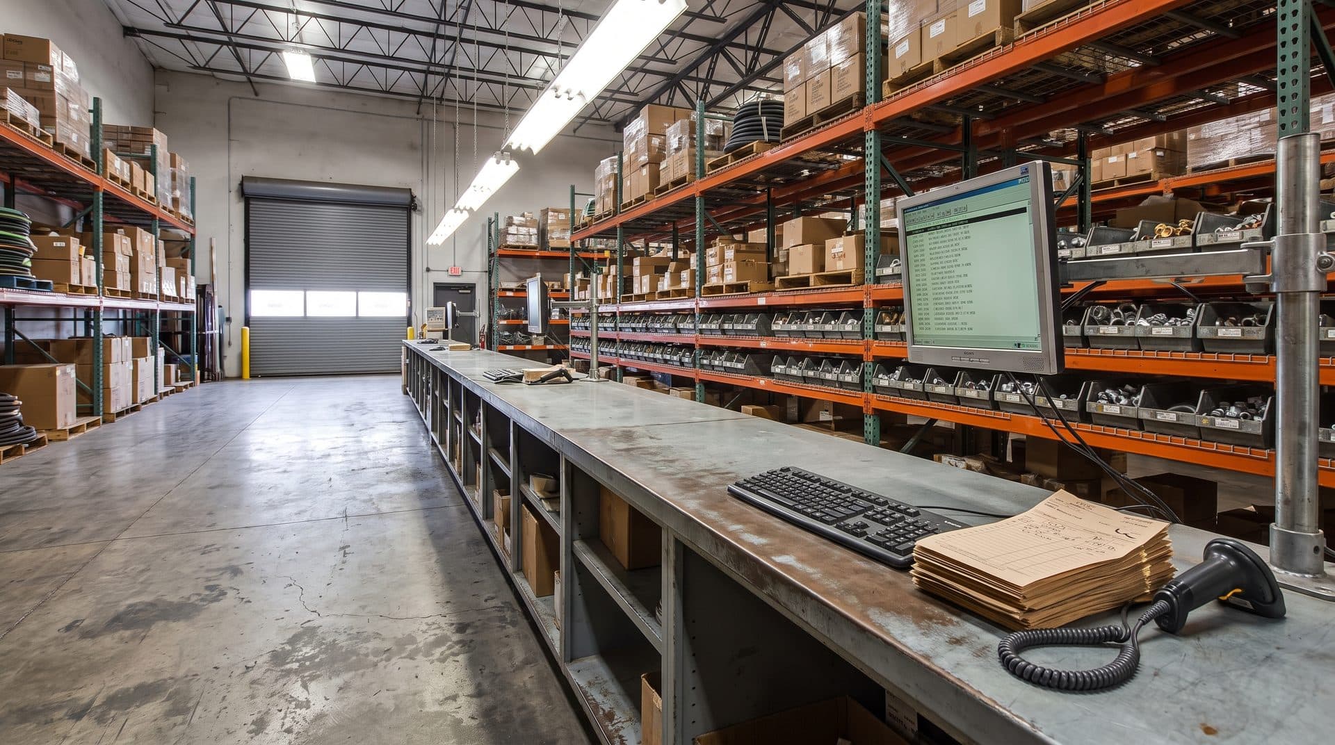 Will-call trade counter in a distributor's warehouse, a terminal on a swing arm above a stack of printed pick tickets and a corded barcode scanner, parts bins and loaded racking behind