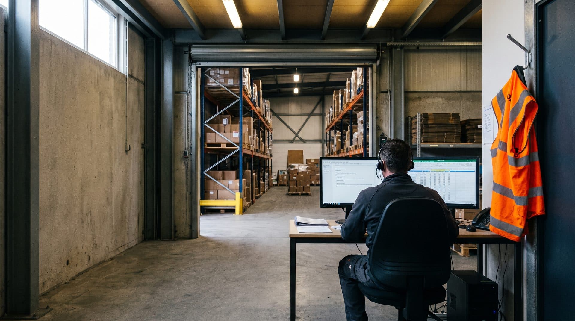 Warehouse office workstation seen from behind, an operator in a telephone headset at two monitors, a hi-vis vest on a hook beside the desk, pallet racking through the open doorway