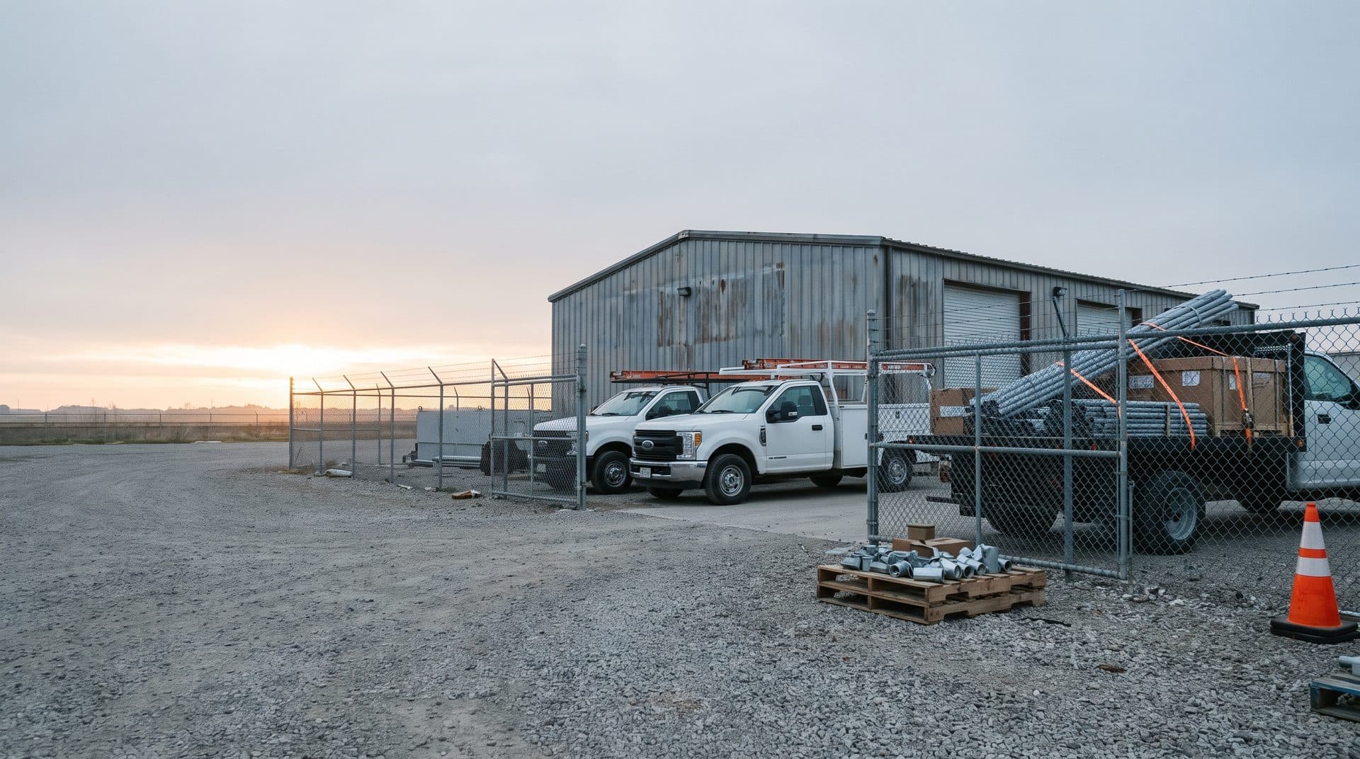 Contractor service yard at dawn, two service pickups with ladder racks and a flatbed loaded with bundled conduit staged at an open gate, a pallet of fittings waiting on the gravel