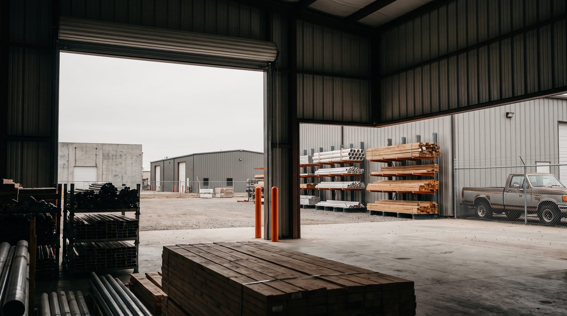 View from inside an open dock door of a wholesale distributor, banded steel and lumber stock in the foreground, a gravel yard with cantilever racks of pipe and dimensional lumber beyond