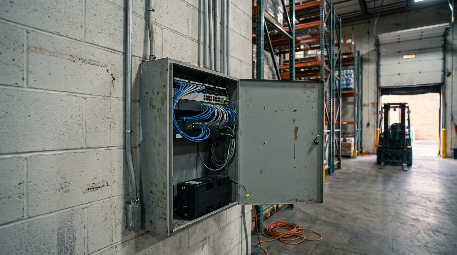 Open IT enclosure on a painted block wall in a warehouse, a switch and patch panel with bundled cabling above a small UPS, conduit running up the wall, a forklift at the dock door behind