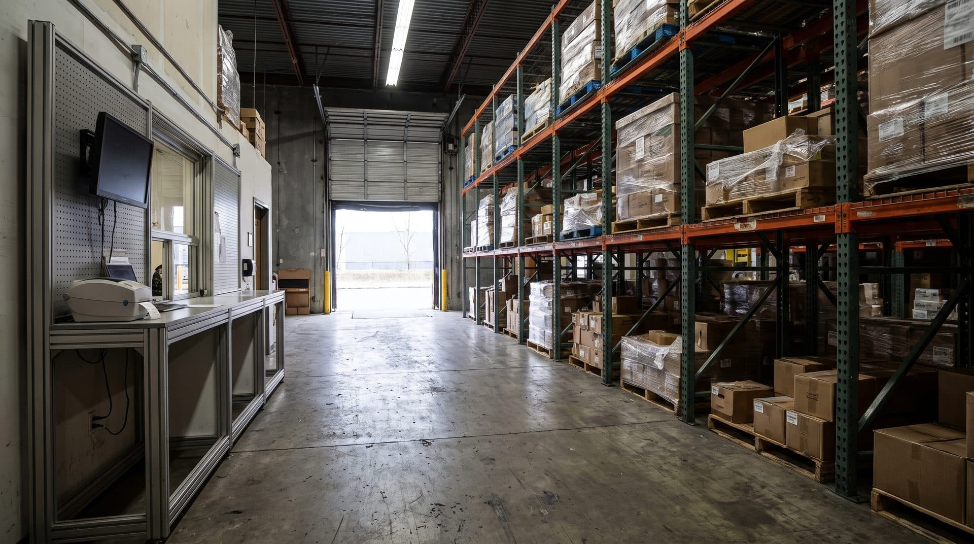 Main cross aisle of a wholesale distributor's warehouse, a will-call counter with a monitor and label printer on one side, loaded pallet racking on the other, an open dock door at the far end