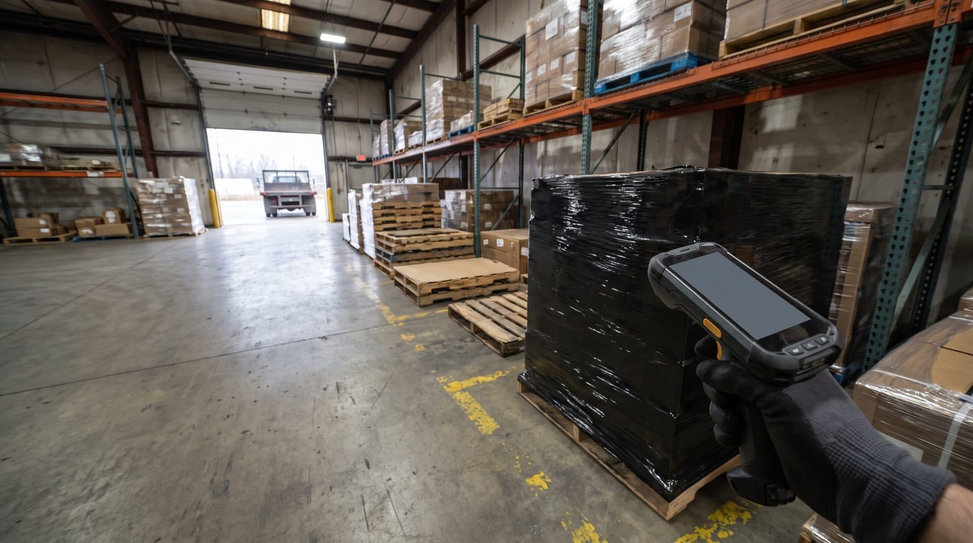 Receiving area of a distributor's warehouse, a gloved hand holding a rugged handheld scanner beside a wrapped pallet, inbound pallets and racking behind, a flatbed truck at the open dock door